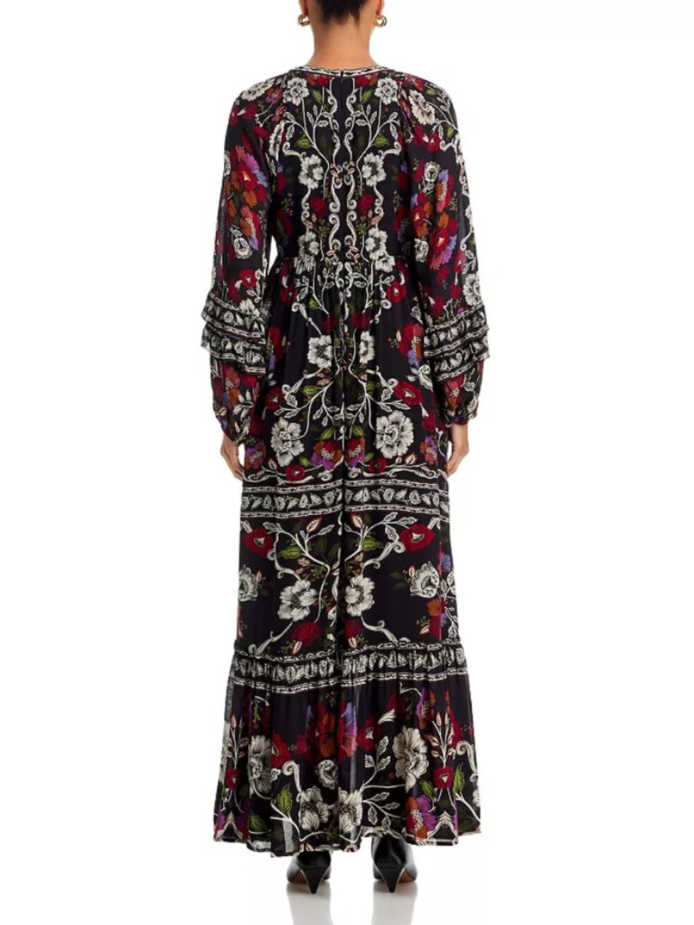 FARM Rio Rococo Flowers Maxi Goth Boho Ruffle V Neck Blouson Sleeve Floral Dress - Picture 4 of 5